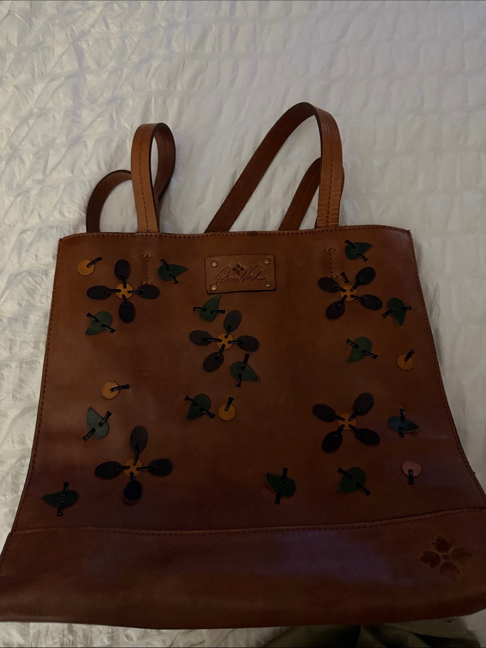 Patricia Nash Cognac Leather Tote with Floral Appliqués